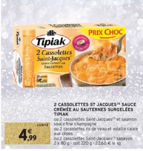 2 CASSOLETTES ST JACQUES SAUCE CRÉMÉE AU SAUTERNES SURGELÉES TIPIAK