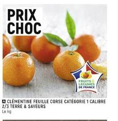 PRIX CHOC  CLEMENTINE FEUILLE CORSE CATÉGORIE 1 CALIBRE 2/3 TERRE & SAVEURS  Le kg  FRUITS & LEGUMES DE FRANCE 