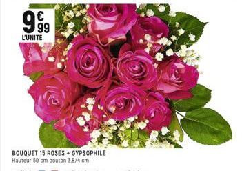 999  L'UNITE  BOUQUET 15 ROSES + GYPSOPHILE Hauteur 50 cm bouton 3,8/4 cm 