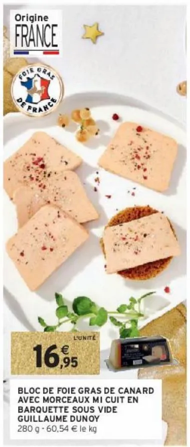 bloc de foie gras de canard avec morceaux mi cuit en barquette sous vide guillaume dunoy 