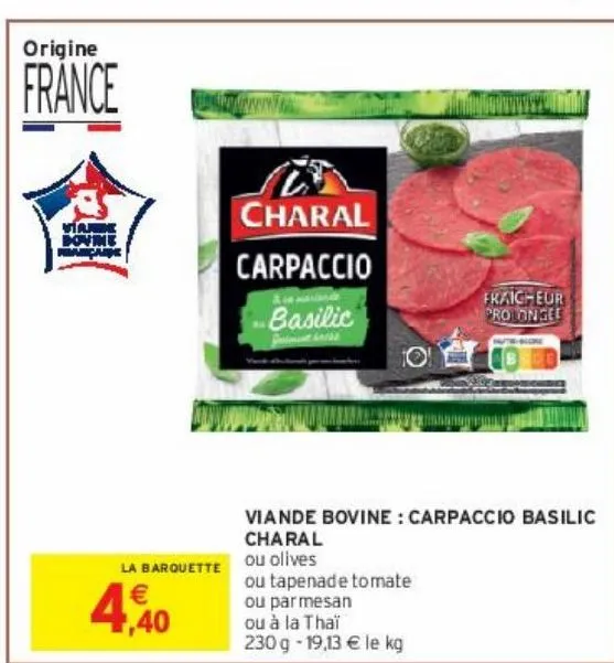 viande bovine : carpaccio basilic charal