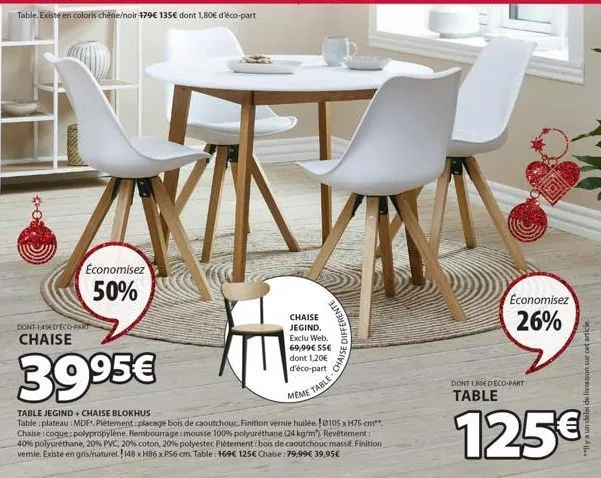 *o  economisez  50%  dont 145ed eco-part  chaise  differente  chaise  jegind.  ma  excluweb. 69,99€ 55€  dont 1,20€  d'éco-part  chaise  meme table- 39.95€  table jegind+ chaise blokhus  table plateau