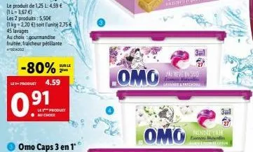 45 lavages  au choix gourmandise fruitée, fraicheur pétillante 14302  -80%  sur le 2⁰  le-produet 4.59  0:  91  le produit  lomo  omo  a revel sud  e  lavans & patchoule  mendre hair een matures 