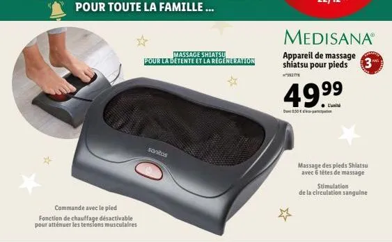 commande avec le pied  fonction de chauffage désactivable pour atténuer les tensions musculaires  massage shiatsu  pour la détente et la regeneration  sanitas  medisana  appareil de massage shiatsu po