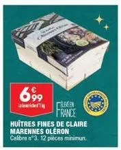 699  len  france  huîtres fines de claire  marennes oleron  calibre n°3, 12 pièces minimun. 