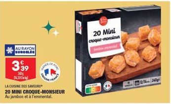 AU RAYON  399  24  0403Kok]  ORIGO  LA CUISINE DES SAVEURS  20 MINI CROQUE-MONSIEUR Au jambon l'emmental.  PRANCE  20 Mini croque-monsieur  14240g 