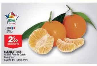 fruits legumes framer  origine france  299  l  clementines variété fine de corse. catégorie 1. calibre 4/5 (44/55 mm). 