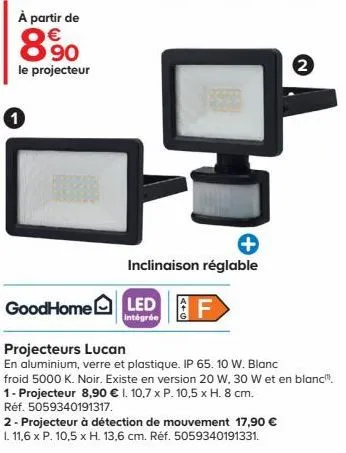 à partir de  890  le projecteur  1  goodhome  projecteurs lucan  en aluminium, verre et plastique. ip 65. 10 w. blanc  froid 5000 k. noir. existe en version 20 w, 30 w et en blanc".  1- projecteur 8,9