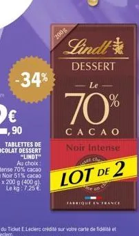 -34%  200g  lindl  dessert  le  70%  cacao  noir intense  ez che  lot de 2  the un farrique en france 