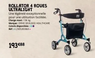 rollator 4 roues ultralight  une légèreté exceptionnelle pour une utilisation facilitée. charge maxi: 136 kg  marque: drive devilbiss healthcare  coloris disponibles:● ref: 2505283060.  193 €88 
