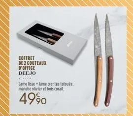 coffret de 2 couteaux  d'office  deejo  lame lisse + lame crantée tatouée, manche olivier et bois corail.  4990 