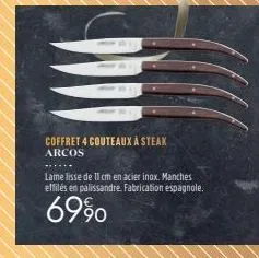 coffret 4 couteaux à steak arcos  lame lisse de 11 cm en acier inox. manches effilés en palissandre. fabrication espagnole.  6990 