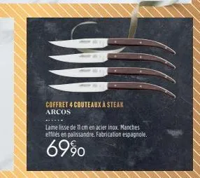 coffret 4 couteaux à steak arcos  lame lisse de 11 cm en acier inox. manches effilés en palissandre. fabrication espagnole.  6990 