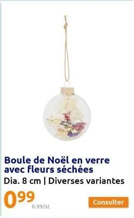 boule de noël en verre avec fleurs séchées  dia. 8 cm | diverses variantes  0.99/st  consulter 