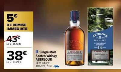 5€  de remise immédiate  43€  le l:61,43 €  38€  lel: 54,29 €  single malt scotch whisky aberlour 14 ans d'âge, 40% vol., 70 cl  pre loun  denopato  aberlour  aberlour  distillery pointmen schw  14 ab