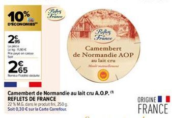 10%  D'ECONOMIES  2%  La poce Le  100€  Prix pay on case  265  Reflers  France  Reffers France  Camembert  de Normandie AOP  au lait cru  Camembert de Normandie au lait cru A.O.P. REFLETS DE FRANCE  2