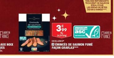 ELABORE EN  FRANCE  Emincés de saumon  20  3,99  H₂ 144.33kg)  ADUACUATU PONSABLE  asc  94% DES REPONDANTS TROUVENT CE SAUMON IDEAL POUR  LES REPAS DE FETES DEFIN D'ANNEE****  EXCELLENCE  ÉMINCÉS DE S