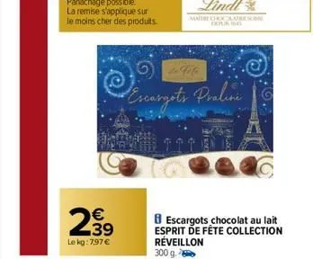 2  e3  le kg:7,97 €  life  escargots gots praline  escargots chocolat au lait esprit de fête collection réveillon 300 g. 