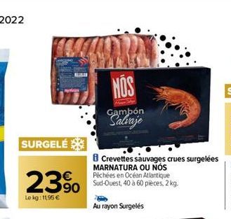 SURGELÉ  23%  Le kg: 11,95 €  NOS  Gambón  Salvaje  B Crevettes sauvages crues surgelées MARNATURA OU NÓS Péchées en Océan Atlantique Sud-Ouest, 40 à 60 pièces, 2 kg.  Au rayon Surgelés 