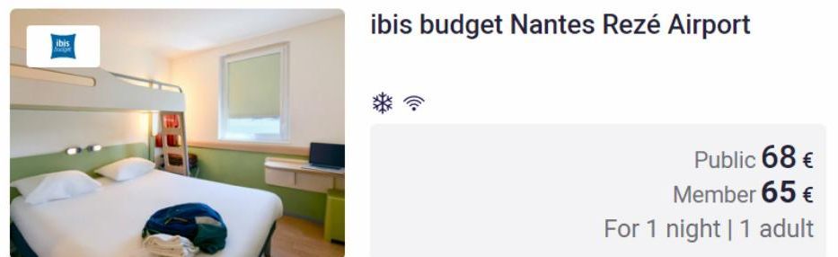 ibis  bog  ibis budget Nantes Rezé Airport  Public 68 € Member 65 €  For 1 night | 1 adult 