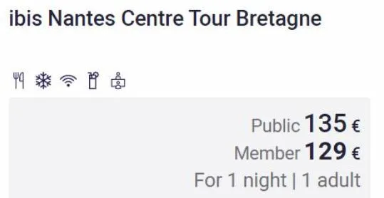 ibis nantes centre tour bretagne  public 135 € member 129 €  for 1 night | 1 adult 