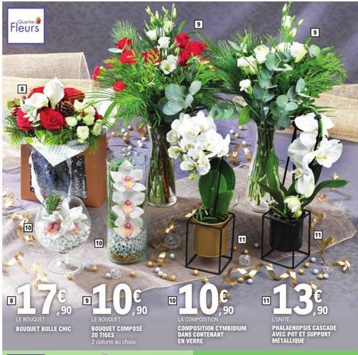 Quarter  Fleurs  17% 10% 10% 13%  LA COMPOSITION COMPOSITION CYMBIDIUM DANS CONTENANT EN VERRE  LE BOUQUET BOUQUET BULLE CHIC  LE BOUQUET BOUQUET COMPOSE 20 TIGES  2 coloris au choix  L'UNITE PHALAENO