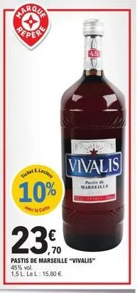 ticker  e.leclere  10%  de la cart  45  vivalis  pastis de marseille  23€  pastis de marseille "vivalis" 45% vol.  1,5 l. le l: 15,80 €. 