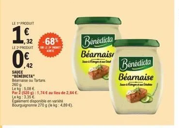 le 1" produit  1  32 -68%  son le moet  le 2 produit  0€/2  42  sauce "benedicta" béarnaise ou tartare  260 9  le kg: 5.08 €.  par 2 (520 g): 1,74 € au lieu de 2,64 €.  le kg: 3,35 €  egalement dispon