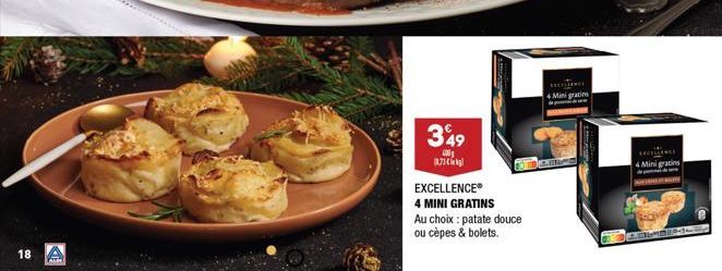 18 A  TALDE  349  CO  (17)  EXCELLENCE®  4 MINI GRATINS  Au choix: patate douce  ou cèpes & bolets.  EXCELLENCE 4 Mini gratis  Excite  4 Mini gratins 