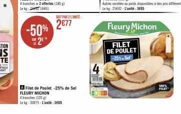 4 tranches + 2 offertes (180g) Le kg 2416661  -50% 2⁹  SOIT PAR 2 L'UNITE:  2€77  A Filet de Poulet -25% de Sel  FLEURY MICHON  4 tranches (120 g)  Le kg: 30€75-L'unité:3669  actor  mm  Fleury Michon 