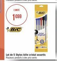 L'UNITÉ  1€69  BIC  Lot de 5 Stylos bille cristal assortis Plusieurs produits à des prix variés  OU onliga 