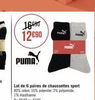 16690 12€90  PUMA.  1  Pama  Lot de 6 paires de chaussettes sport 80% coton, 16% polyester, 3% polyamide, 1% elasthanne  Du 39/42 243/46  Pun 