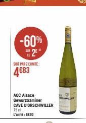 -60% 2E  SOIT PAR 2 L'UNITÉ:  4€83  AOC Alsace Gewurztraminer CAVE D'ORSCHWILLER  75 dl  L'unité : 6€90  Hall  SCHILLER 