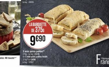 LA BARQUETTE DE 3756  9€⁹0  3 mini pains préfou 375g-Lekg: 26640  Ou 3 mini pains préfoulestis 375g  13€90  Lekg: 37607  L 