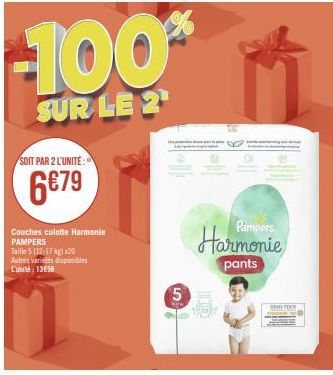 SOIT PAR 2 L'UNITÉ:  6€79  Couches culotte Harmonie PAMPERS  Taille 5 (12-17 kg x20 Autres varices disponibles L'unité: 1358  -100%  SUR LE 2  5  Pampers  Harmonie  pants  ODDARD 