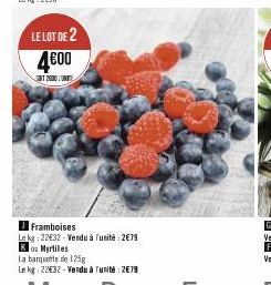 LE LOT DE 2 4€00  ST26100 L'UNITE  Framboises  Le kg 22€32-Vendu à l'unité : 2679  Ko Myrtiles  La banquette de 125g  Le kg: 22€32 - Vendu à unité: 2€79 