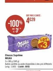 -100% 3⁰  chocos suprême milka  milka  soit par 3 l'unité:  4€29  lot  x3,  