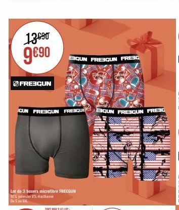 13690  9€⁹0  FREEGUN  CUN FREBGUN FRECUR BICUN FREEGUN FREEC  Lot de 3 boxers microfibre FREEGUN 92% polyester 8% elasthanne  Du Sau XXL  EGUN FREBGUN FRESC  