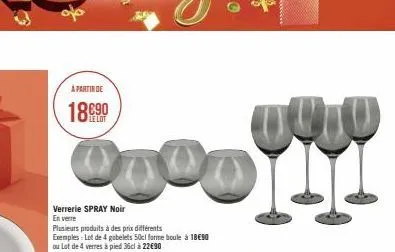 à partir de  le lot  ooooh!!  verrerie spray noir en verre plusieurs produits à des prix différents exemples: lot de 4 gobelets 50cl forme boule à 18€90 ou lot de 4 verres à pied 36cl à 22€90 