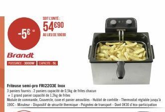 -5€ -  Brandt  PUISSANCE: 3000W CAPACIT SL  SOIT L'UNITÉ:  54€90  AU LIEU DE 59090  Friteuse semi-pro FR12203E Inox  3 paniers fournis: 2 paniers capacité de 0,5kg de frites chacun  + 1 grand panier c