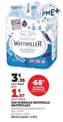 bouteille  reciclable  b  recyclee  151x6  le 1 pack soit  watt  ilmaine  wattwiller  eau minerale naturelle  els pirk  pour un  -68%  de remise immediate sur le 2 pack  1,07  le 2the pack  eau minera