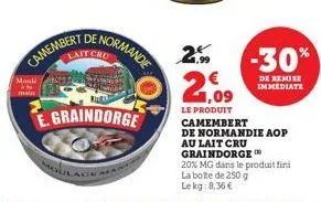 camembert de normandie  moul  egraindorge  2  2  le produit camembert  €  de normandie aop  au lait cru graindorge  20% mg dans le produit fini la boite de 250 g lekg: 8,36 €  -30%  de remise immediat