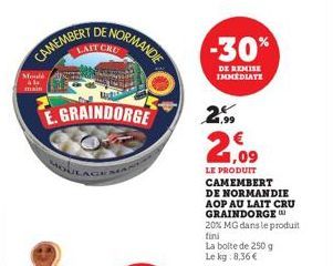 CAMEMBERT  LAI  Mould  DE NORMANDIE  E.GRAINDORGE  -30%  DE REMISE IMMEDIATE  2.99  2,09  LE PRODUIT CAMEMBERT  DE NORMANDIE AOP AU LAIT CRU GRAINDORGE 20% MG dans le produit fini  La boite de 250 g L