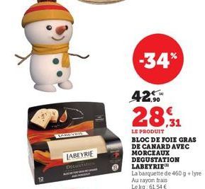 LABEYRIE DECUNTATION  42.  28,31  LE PRODUIT  -34%  BLOC DE FOIE GRAS DE CANARD AVEC MORCEAUX DEGUSTATION LABEYRIE  La barquette de 460 g +lyre Au rayon frais Lekg: 61,54 €  