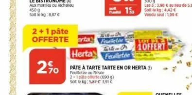 2+1 pâte offerte erta  fun 1  feeble  tarken 1offert feuilletée  herta  2% pate à tarte tarte en or herta (1)  feuilletée ou brisée 2+1 pate offerte (690 g) soit le kg: 5,87 € 3,91 € 