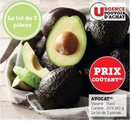 Le lot de 3 pièces  POUVOIR D'ACHAT  PRIX COUTANT  AVOCAT Variété Hass Calibre: 203/243 g Le lot de 3 pièces 