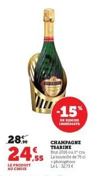 -15%  de remise immediate  champagne tsarine brut 2016 ou 1" cru la bouteille de 75 c +photophore le l: 32,73 € 