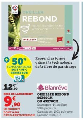 CAL  OREILLER  REBOND  9,90  RELA EGOERING STARS  MOELLEUX  Reprend sa forme  + 50%  grâce à la technologie SUPPLÉMENTAIRES de la fibre de garnissage  SOIT 4,95 € VERSÉS SUR  12,90  Blanrêve  PRIX DE 