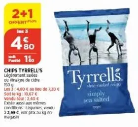 2+1  offert  los 3  480  €  soft  punité 1  chips tyrrell's légèrement salées ou vinaigre de cidre 150 g  les 3:4,80 € au lieu de 7,20 €  solt le kg: 10,67 €  vendu sout: 2,40 € existe aussi aux mêmes