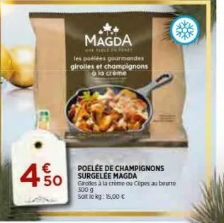 € 50  magda  ne that in f  les poélées gourmandes girolles et champignons à la crème  poelée de champignons surgelee magda girolles à la crème ou cèpes au beurre 300 g soit le kg: 15,00 € 